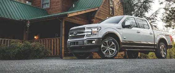Silver Ford F-150 Parked in front of a wooden cabin