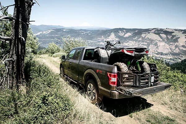Ford F-150 cab features carrying ATV in field
